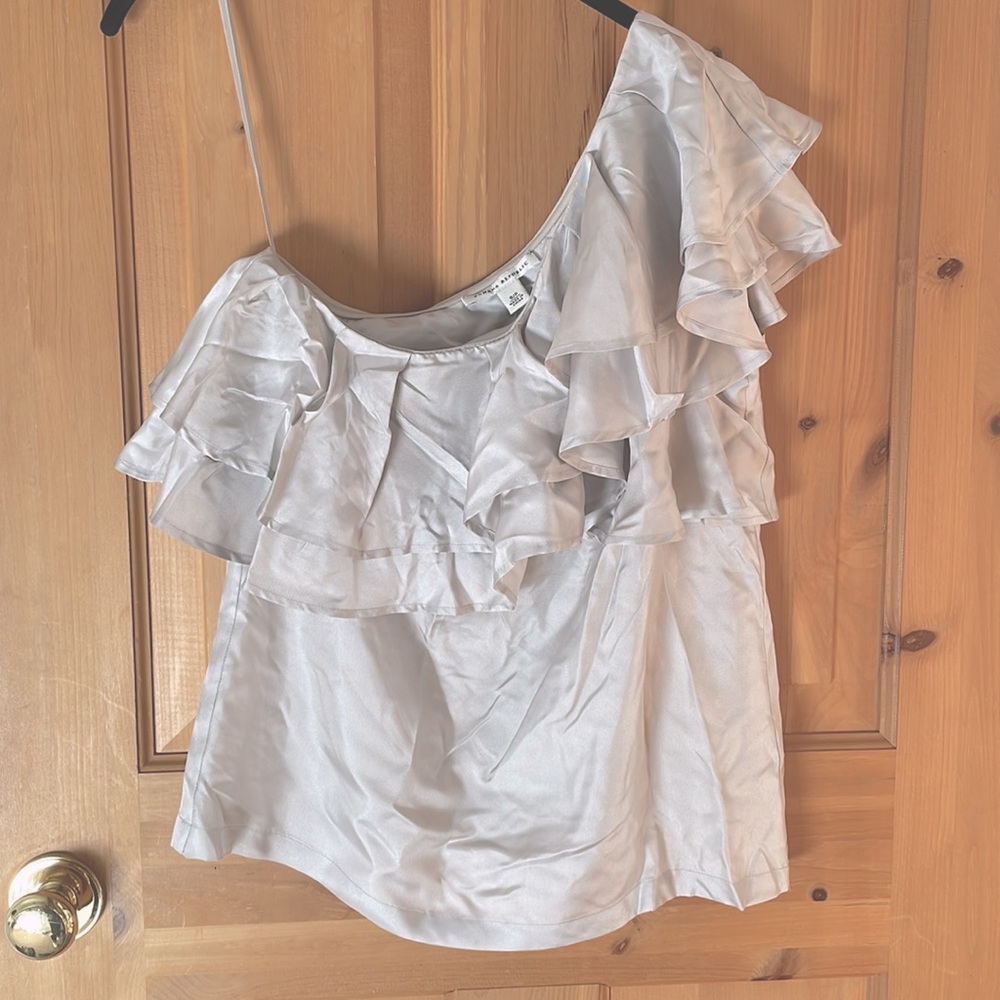 Banana Republic Silver 100% Silk One Shoulder Ruffle Top, size S